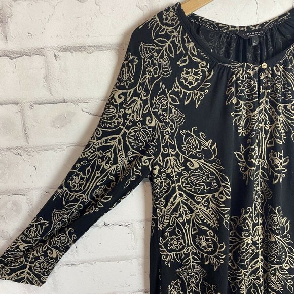 Lucky Brand Black Tan Boho Print Keyhole Front Top - Picture 5 of 12